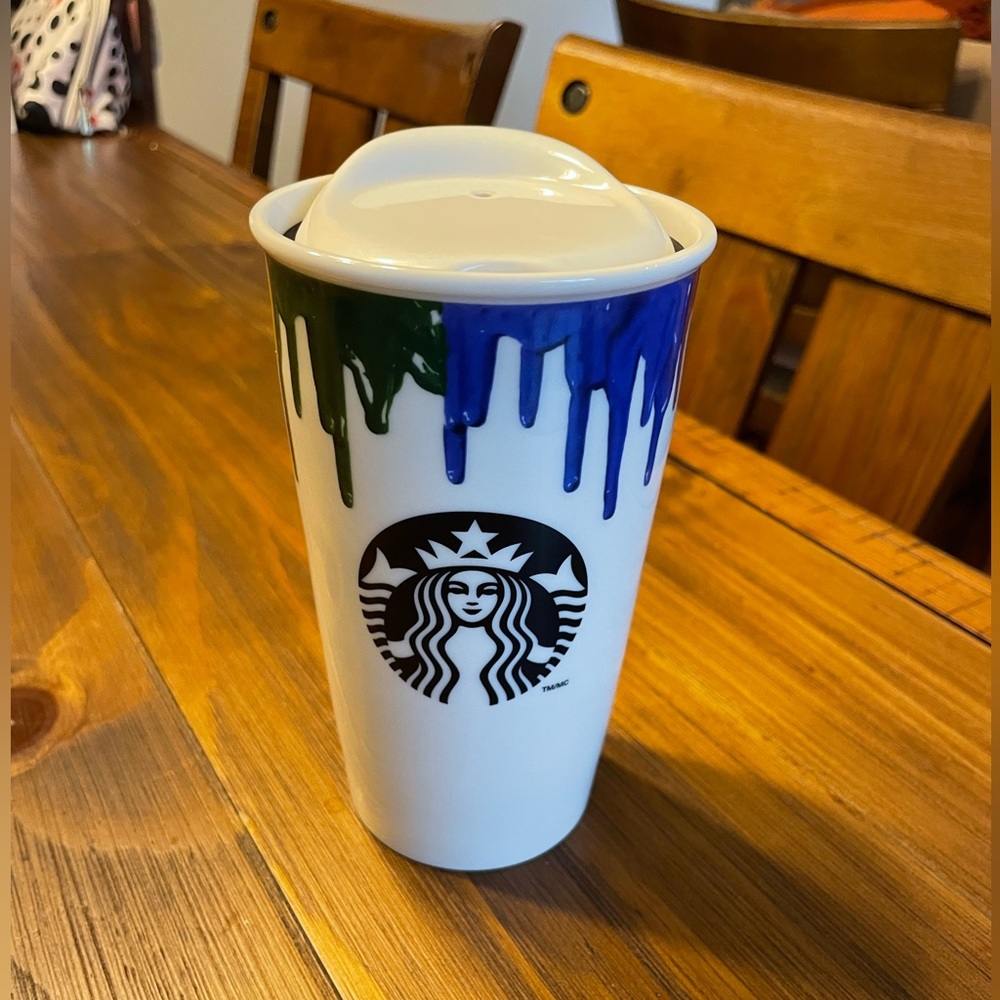 Starbucks tumbler mug 2014 Band of Outsiders Wet Paint Colors Rainbow Drip.
